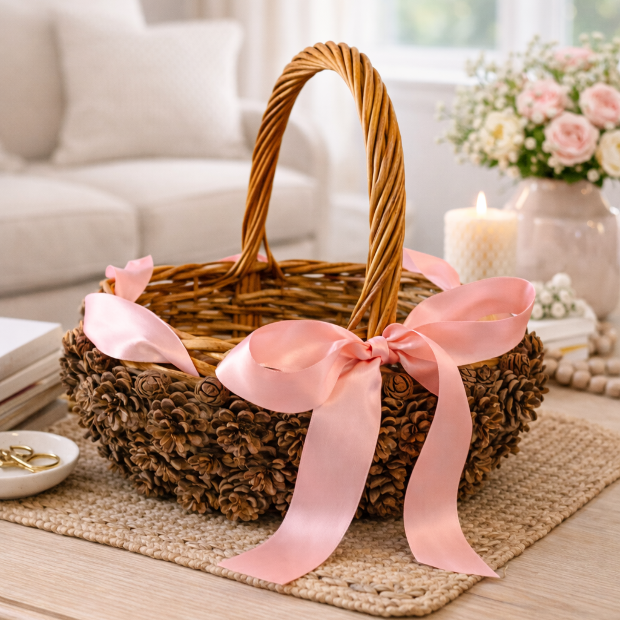 Pinecone Basket with Ribbon | Handmade Wicker Pinecone Basket Home