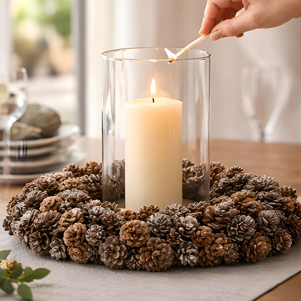 Ausable wreath company candle being lit in a hurricane globe glass surrounded by pinecones on a table.