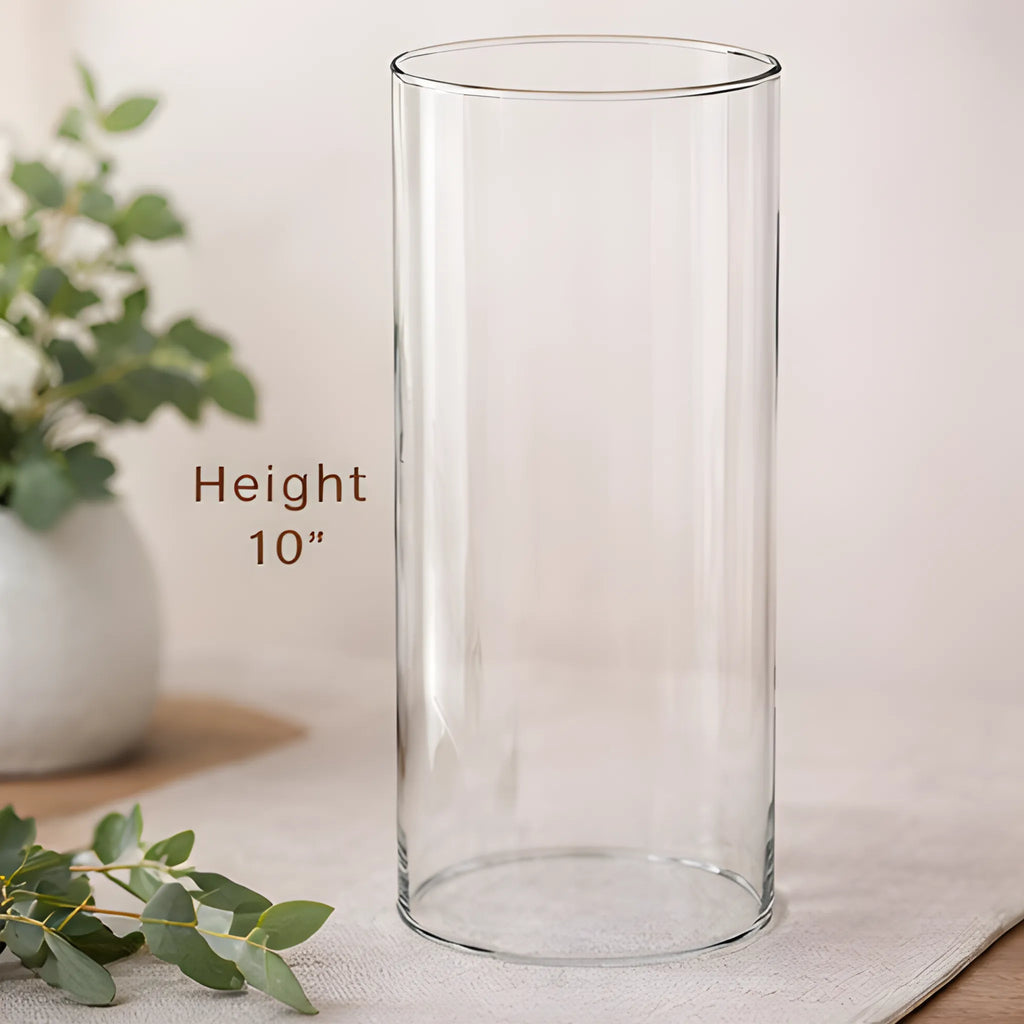 Ausable wreath company Clear hurricane globe glass vase with height measurement on a light background