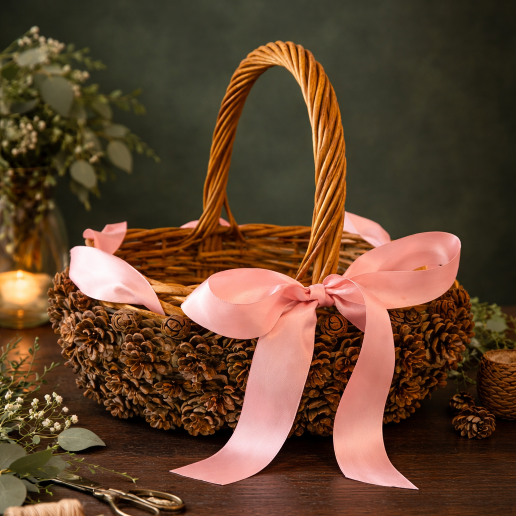 Pinecone basket with pink ribbon handmade by Ausable wreath company on a table as a table decor surrounded by leaves
