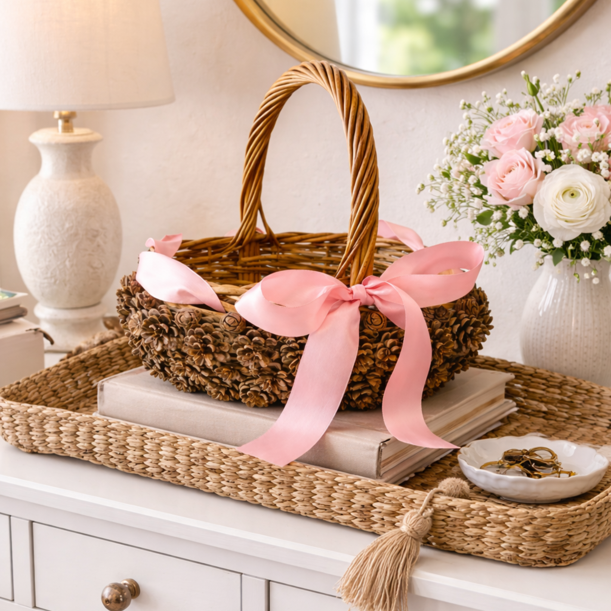 Pinecone basket with pink ribbon handmade by Ausable wreath company on a table as a table decor