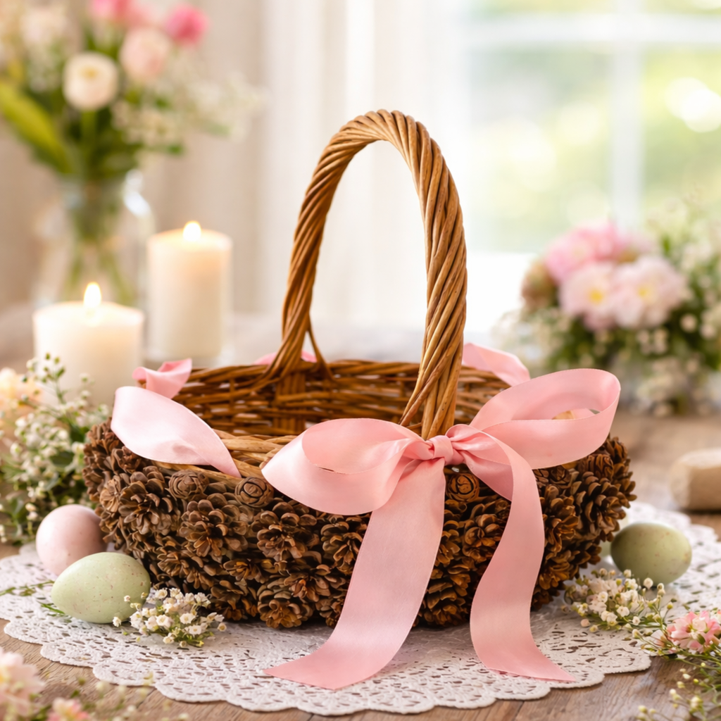 Pinecone basket with pink ribbon handmade by Ausable wreath company on a table as a table decor surrounded by florals