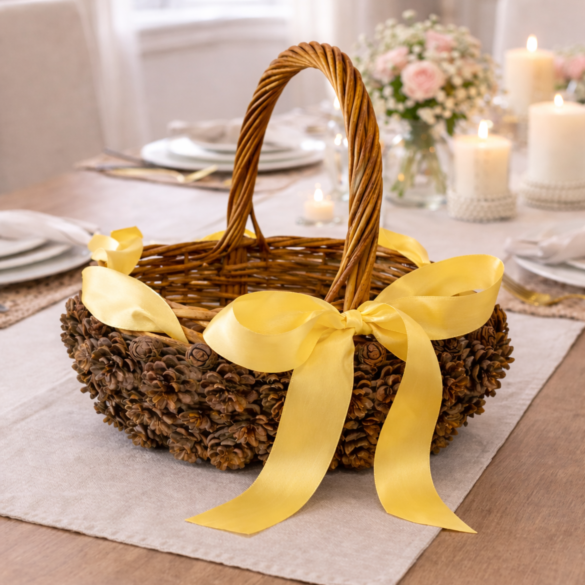 Pinecone basket with yellow ribbon handmade by Ausable wreath company on a table as a table decor surrounded by florals and candles