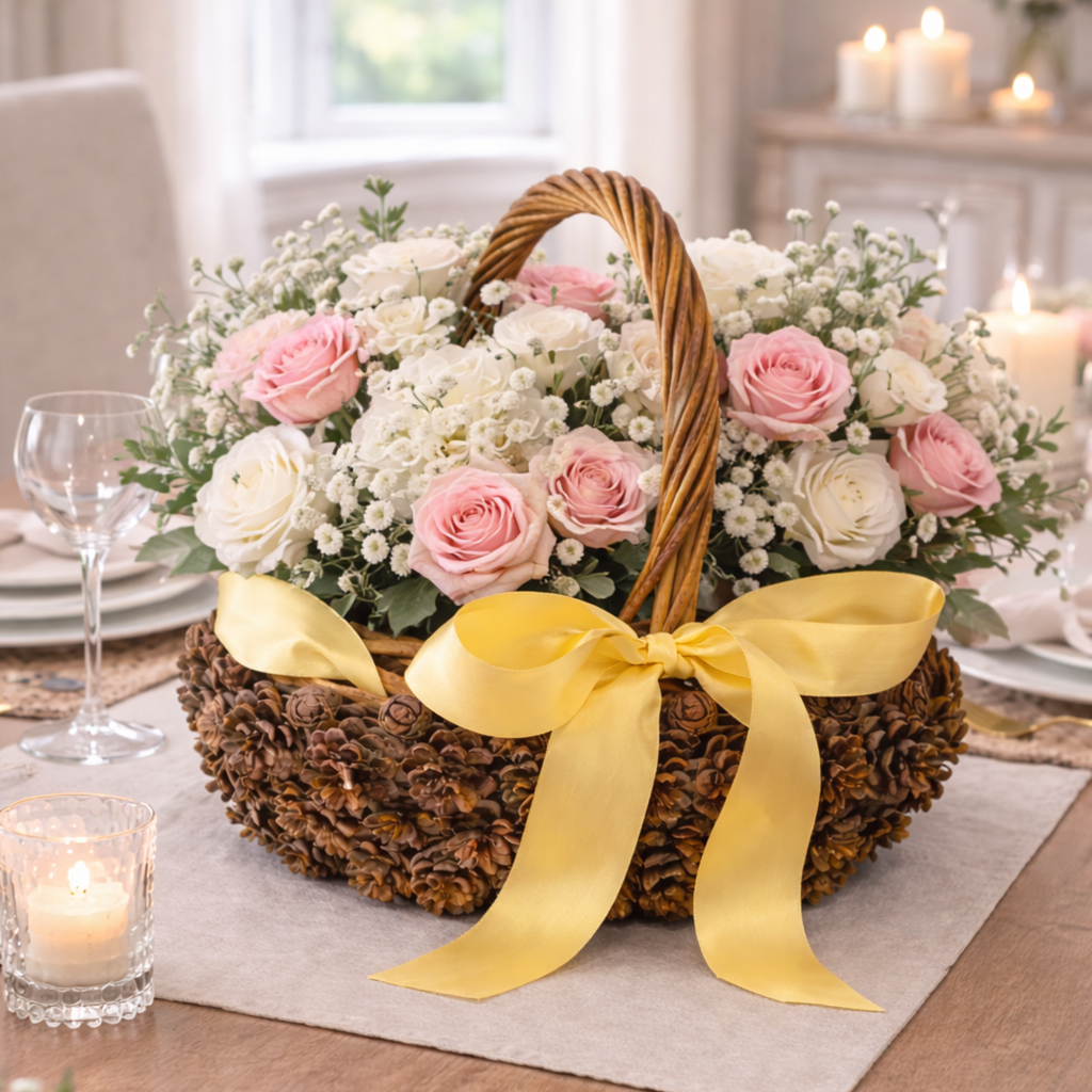 Pinecone basket with yellow ribbon handmade by Ausable wreath company on a table as a table decor filled with florals