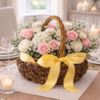 Pinecone basket with yellow ribbon handmade by Ausable wreath company on a table as a table decor filled with florals