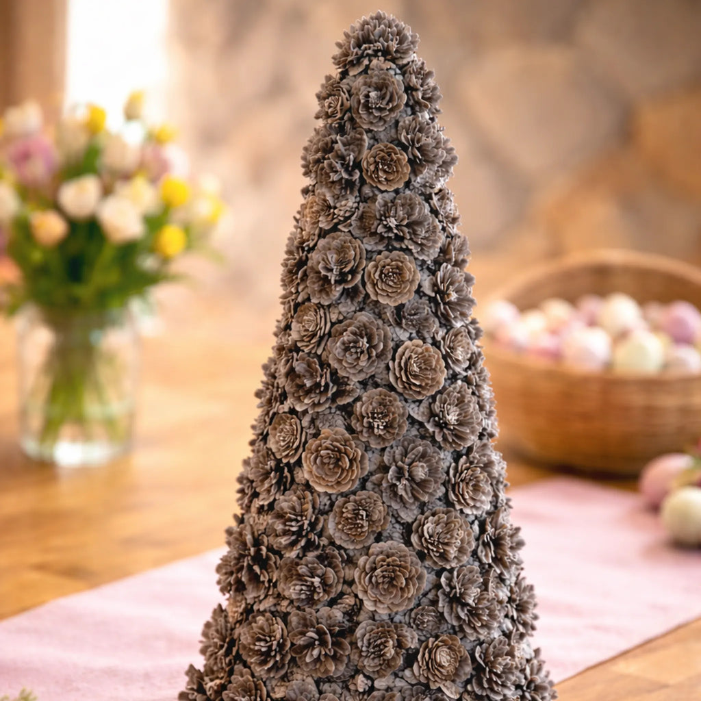 Ausable wreath company Decorative pinecone tree on a table with flowers and eggs in the background