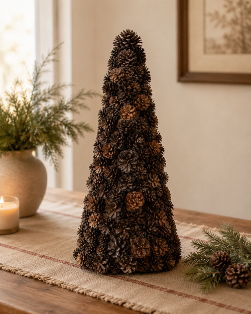 A decorative Christmas tree made from pinecones in varying shades of brown, displayed on a woven table runner in a warm, cozy room setting.