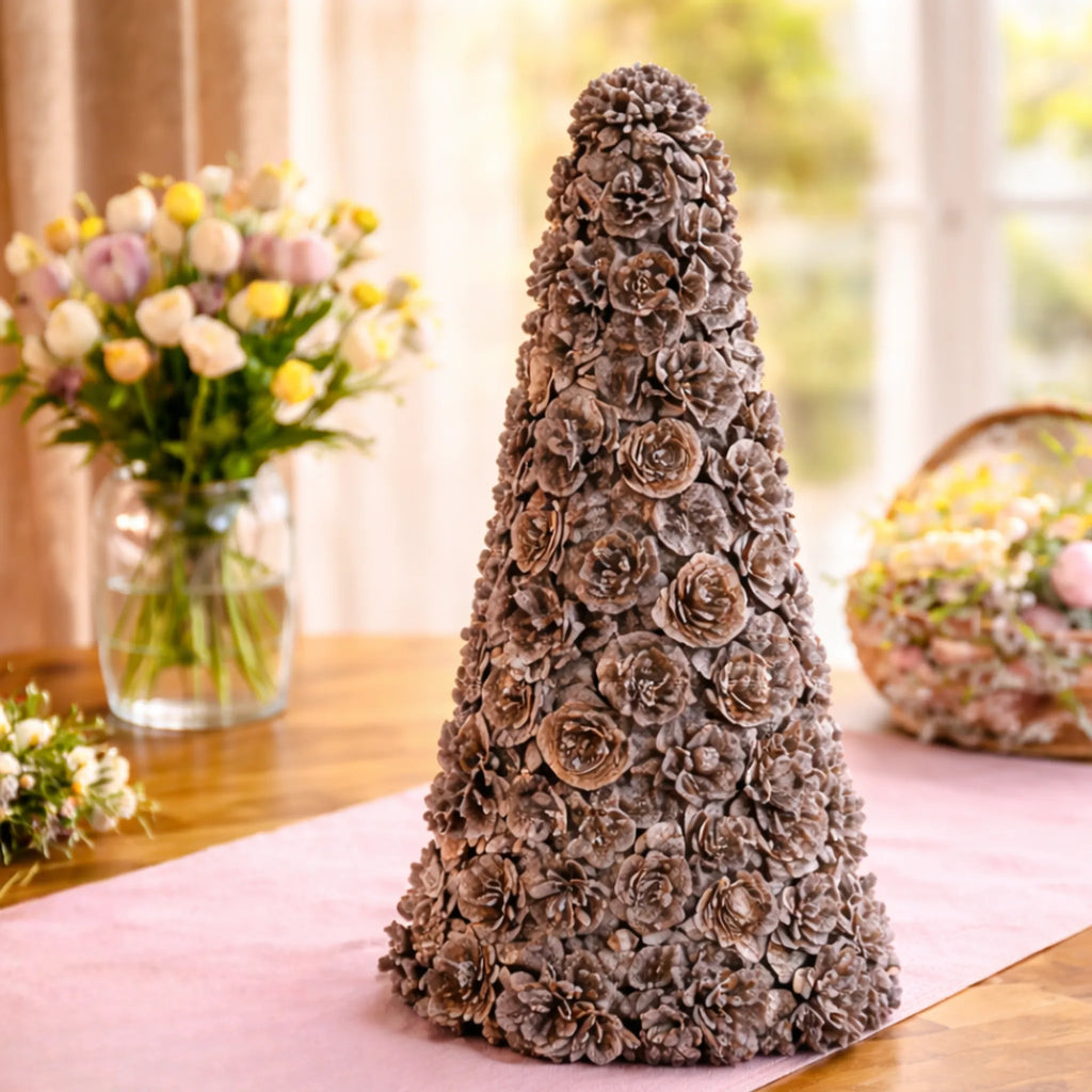Ausable wreath company Decorative pinecone on a table with a blurred floral background