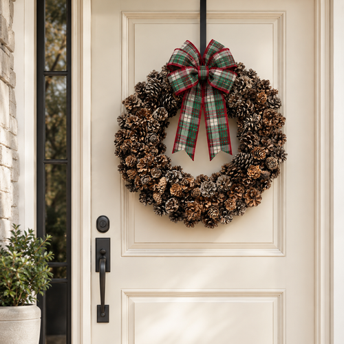 A pinecone wreath from Ausable with a red, green, and white plaid bow hanging on a cream-colored front door.