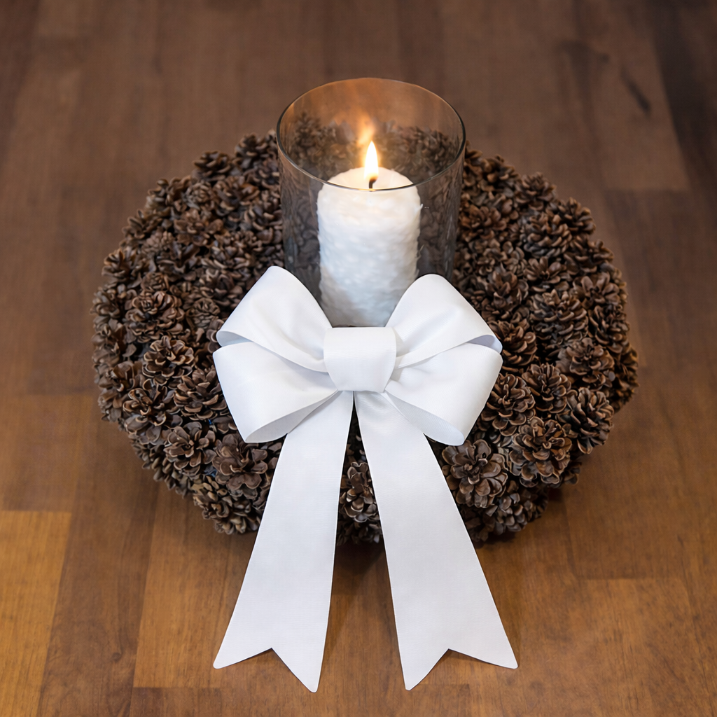 Ausable pinecone decorative wreath with a candle and white bow on a wooden surface